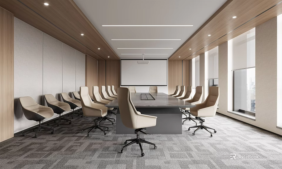 Modern Conference Room Interior With Spacious Layout Ergonomic Chairs Projector Screen And Large Windows 3d model 
