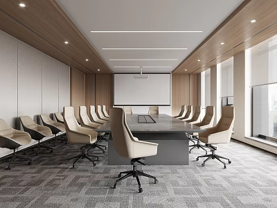 Modern Conference Room Interior With Spacious Layout Ergonomic Chairs Projector Screen And Large Windows 3d model