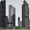 Modern High Rise Office Buildings With Glass Facade And Urban Green Landscape