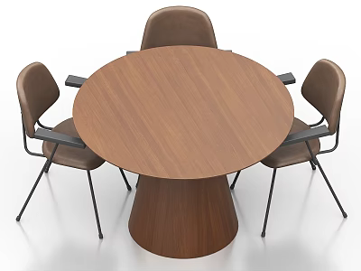 Round Wooden Dining Table Set with Four Leather Armchairs and Metal Frames 3d model