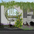 Vines Covering Wall with Hanging Green Leaves White Pink Blooms by Circular Window Mountain View