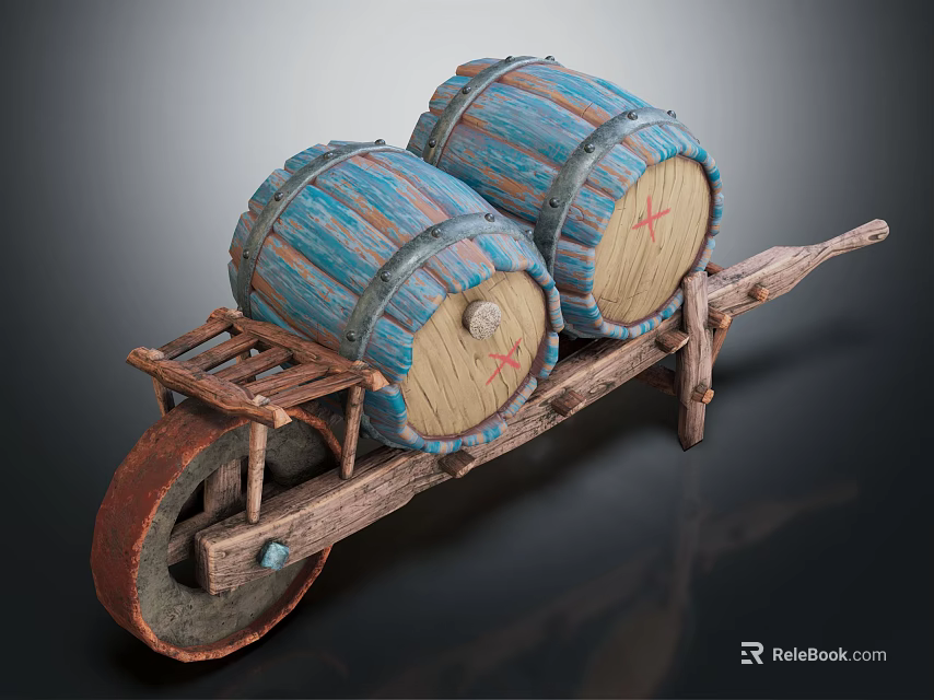 Two Blue Striped Wooden Barrels On Wooden Cart With Red Cross Marks And Wheels 3d model 