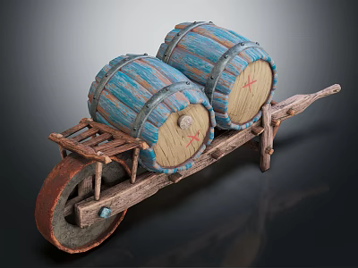Two Blue Striped Wooden Barrels On Wooden Cart With Red Cross Marks And Wheels 3d model