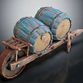 Two Blue Striped Wooden Barrels On Wooden Cart With Red Cross Marks And Wheels