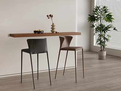 Modern Interior With Two Stylish Bar Stools By Wooden Counter And Green Plant 3d model