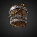 Wooden Decorative Bucket Ornament With Metal Hoops And Yellow Rope Handle