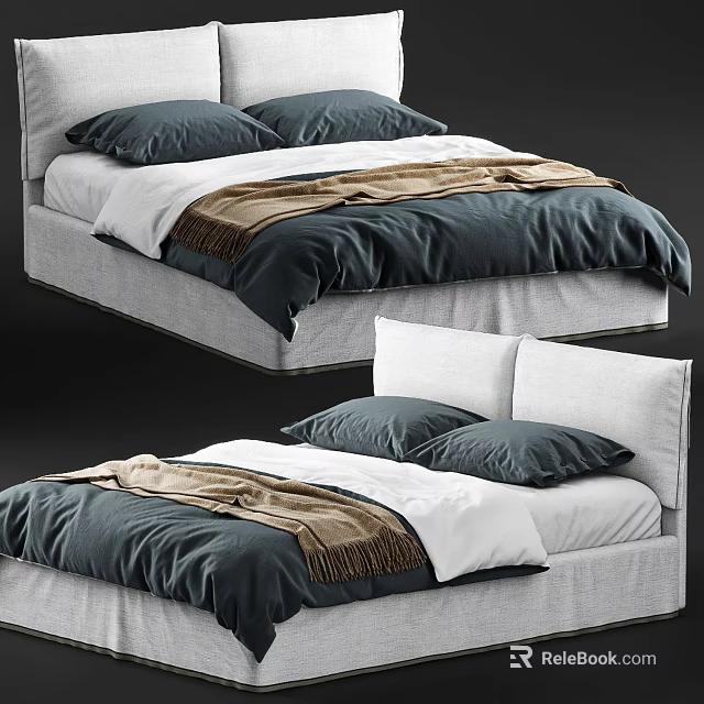 Modern Double Bed With Upholstered Headboard Dark Blue Comforter White Sheets Brown Throw Blanket 3d model 
