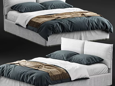 Modern Double Bed With Upholstered Headboard Dark Blue Comforter White Sheets Brown Throw Blanket 3d model