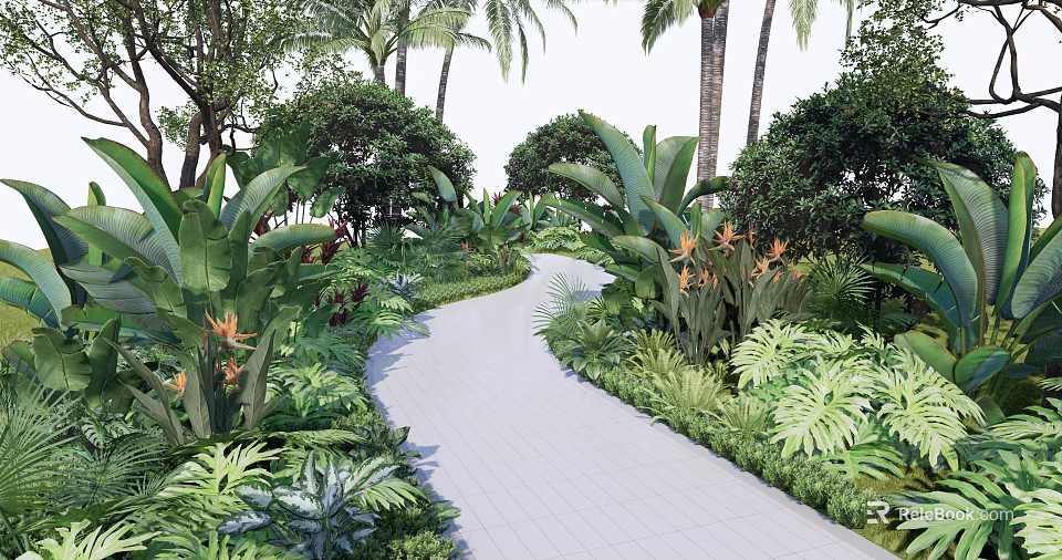 Lush Tropical Garden Path With Banana Leaves Palm Trees And Orange Flowers 3d model 