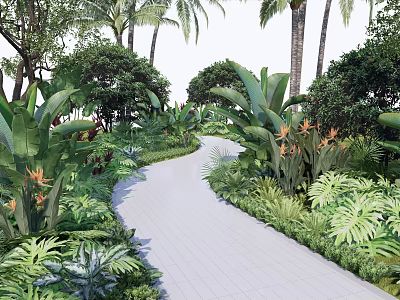 Lush Tropical Garden Path With Banana Leaves Palm Trees And Orange Flowers 3d model
