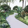 Lush Tropical Garden Path With Banana Leaves Palm Trees And Orange Flowers