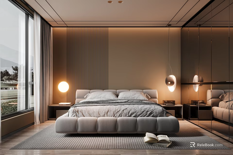 Modern Bedroom Interior With Plush Bed Soft Lighting Area Rug And Mirror 3d model