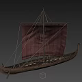 Vintage Wooden Sailing Boat With Red Sail And Decorative Dragon Head Bow Design