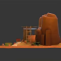 Cartoon Scene With Orange Rocks Small Cabin Ladder Red Barrels Dried Tree And Green Plant