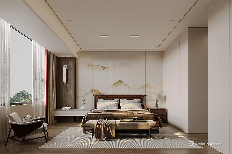 Modern Bedroom Interior With Mountains Pattern Wall Bed Nightstand Window Curtains And Area Rug 3d model 