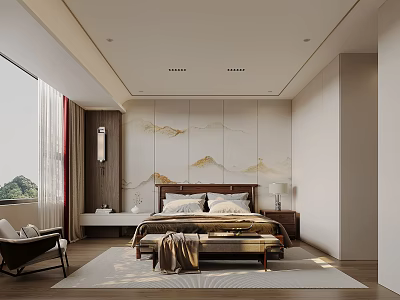 Modern Bedroom Interior With Mountains Pattern Wall Bed Nightstand Window Curtains And Area Rug 3d model