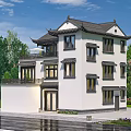 Chinese Style Detached Villa With Traditional Roof White Walls And Balconies Surrounded By Green Trees