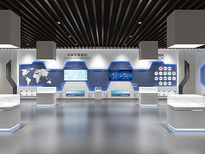 Beijing Future Planning Exhibition Hall Interior With Digital Displays World Map And Modern Counters 3d model