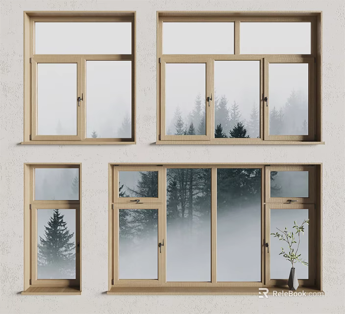 Stylish Wooden Casement Windows Design With Lush Forest View And Natural Light 3d model 