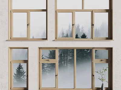Stylish Wooden Casement Windows Design With Lush Forest View And Natural Light 3d model