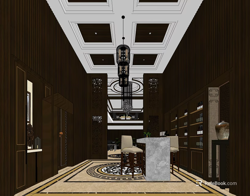 Classic Wine Cellar Interior Design With Dark Wooden Walls Hanging Pendant Light And Marble Counter 3d model 