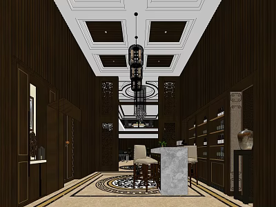 Classic Wine Cellar Interior Design With Dark Wooden Walls Hanging Pendant Light And Marble Counter 3d model