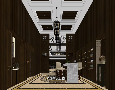 Classic Wine Cellar Interior Design With Dark Wooden Walls Hanging Pendant Light And Marble Counter 3d model