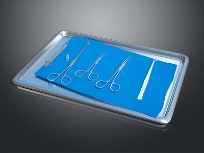 Sterile Medical Instruments Organized on Metal Tray with Blue Cloth and Surgical Tools 3d model