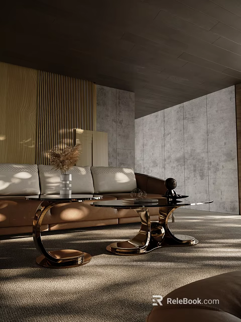 Brown Sofa Coffee Table Combination With Glass Top Metal Frame Cushions Wooden Concrete Walls 3d model 