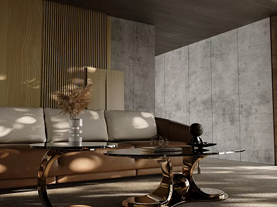 Brown Sofa Coffee Table Combination With Glass Top Metal Frame Cushions Wooden Concrete Walls 3d model