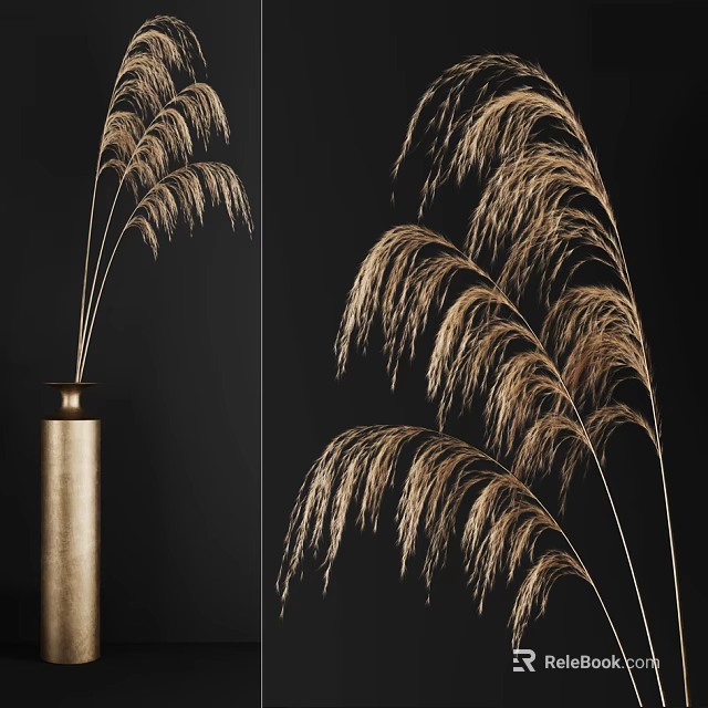 Elegant Gold Vase With Pampas Grass Flowers In Modern Black Decor Setting 3d model 