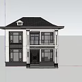 Detached Villa Exterior With White Walls Black Roof Large Windows And Green Plants