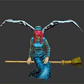 Witch Character With Pink Hair Blue Dress Hat Wings And Yellow Broom