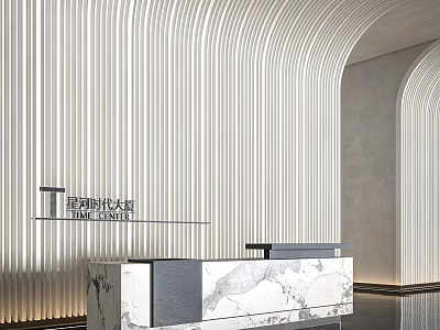 Modern Minimalist Reception Desk Interior Design With Marble Countertop And White Striped Lobby Wall 3d model