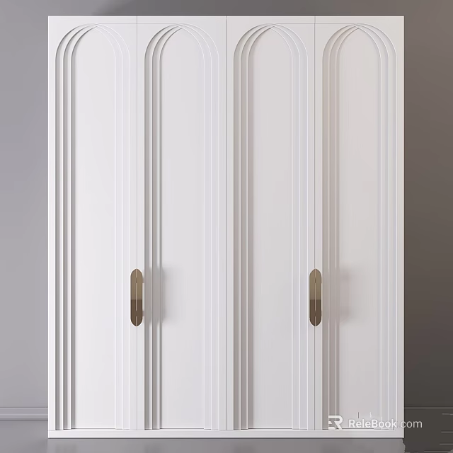 Stylish White Cabinet Doors Featuring Vertical Stripes and Polished Brass Handles 3d model 