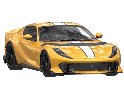 Yellow Ferrari Sports Car With White Stripes And Black Sleek Design Wheels 3d model