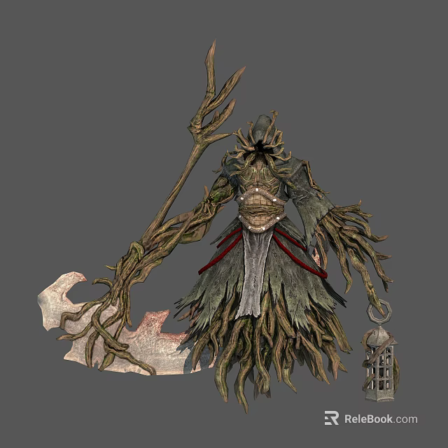Ethereal Mythical Plant Based Character With Twig Body Wooden Staff And Lantern 3d model 