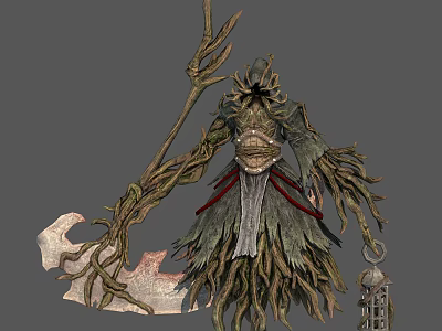 Ethereal Mythical Plant Based Character With Twig Body Wooden Staff And Lantern 3d model