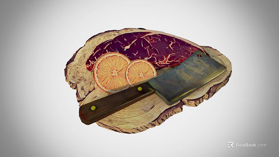 Fresh Raw Beef Steak with Lemon Slices on Wooden Cutting Board and Cleaver Knife 3d model 