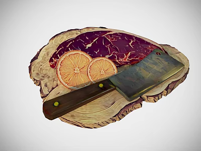 Fresh Raw Beef Steak with Lemon Slices on Wooden Cutting Board and Cleaver Knife 3d model