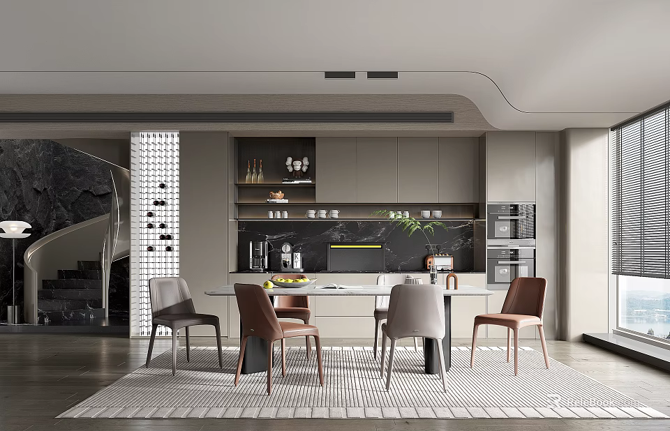 Modern Restaurant Interior Design With Dining Table Chairs And Gray Cabinets 3d model