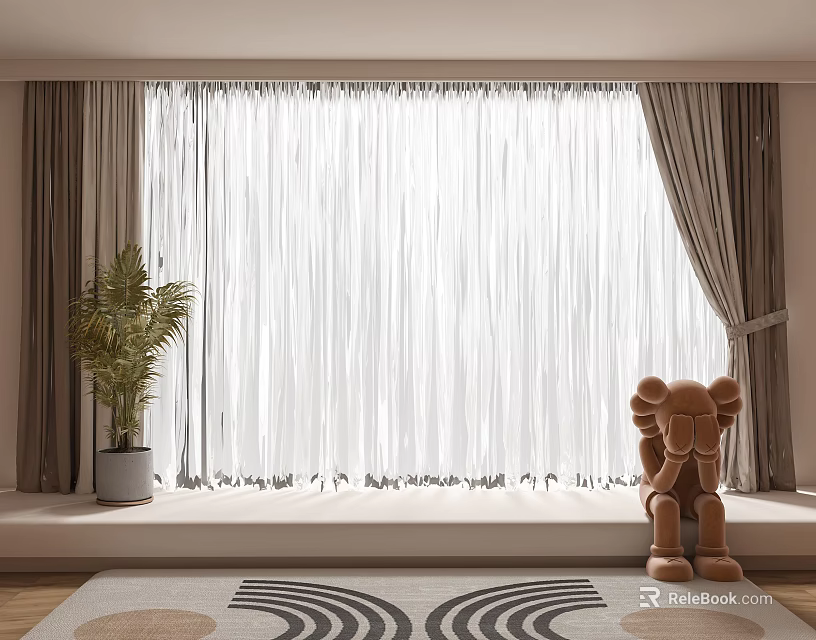 Modern White Sheer Curtains With Light Brown Drapes And Potted Plant On Window Sill 3d model 
