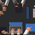 Multiple Hands in White Sleeves Using Various Electronic Devices Laptops Tablets Keyboard and Mouse 3d model