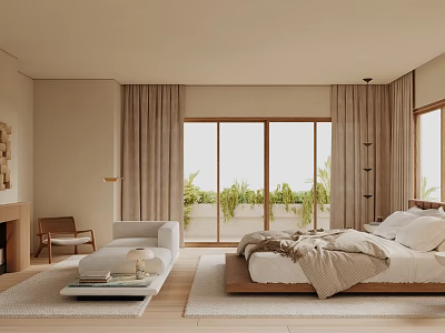Modern Neutral Bedroom With Large Bed Floor to Ceiling Windows and Potted Plants 3d model