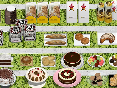 Assorted Food Display With Loaves Of Bread Cakes Cookies And Chocolate 3d model