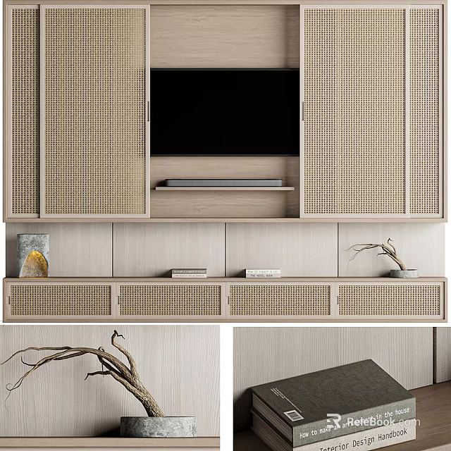 Modern TV Background Wall Design With Woven Cabinets Integrated TV And Wooden Drawers 3d model 