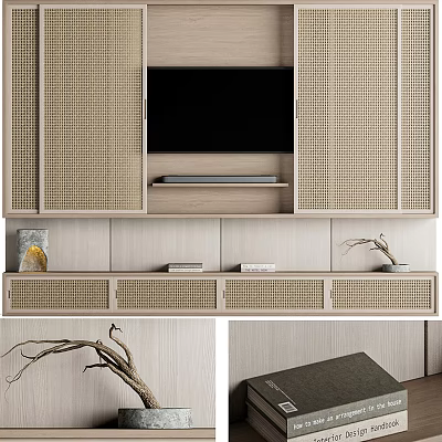 Modern TV Background Wall Design With Woven Cabinets Integrated TV And Wooden Drawers 3d model