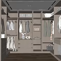 Modern Walk in Closet Interior With Hanging Clothes Cabinets Drawers And Wooden Flooring