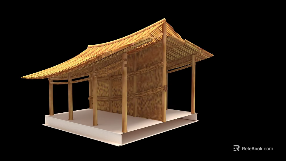 Ancient Architecture Traditional Design with Thatched Roof Wooden Pillars Veranda on Platform 3d model 