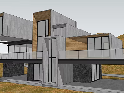 Modern Detached Villa Exterior Design With Gray Wooden Stone Facade And Large Windows 3d model